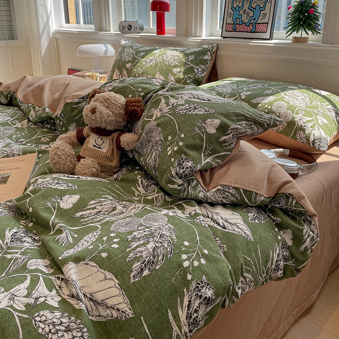 91家纺网 家纺一手货源 找家纺 忆生活 2025新款秋冬复古风全棉加厚磨毛四件套 璃月-绿