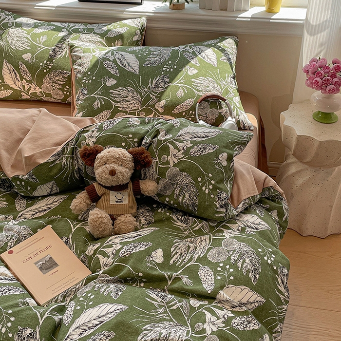 91家纺网 家纺一手货源 找家纺 忆生活 2025新款秋冬复古风全棉加厚磨毛四件套 璃月-绿