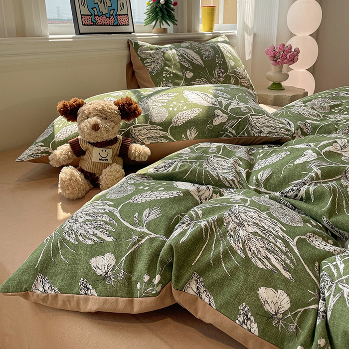 91家纺网 家纺一手货源 找家纺 忆生活 2025新款秋冬复古风全棉加厚磨毛四件套 璃月-绿