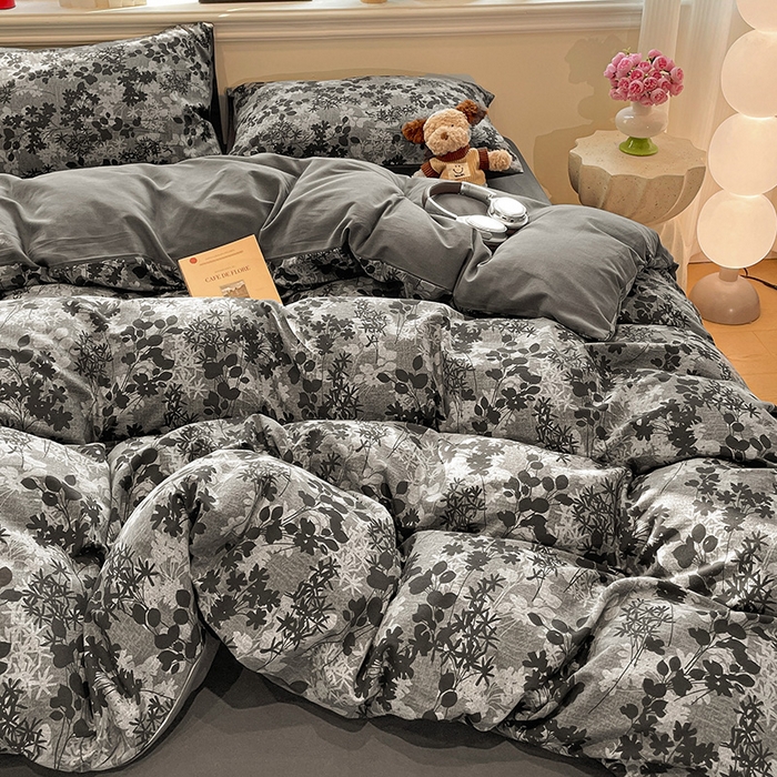 91家纺网 家纺一手货源 找家纺 忆生活 2025新款秋冬复古风全棉加厚磨毛四件套 漫枝-灰