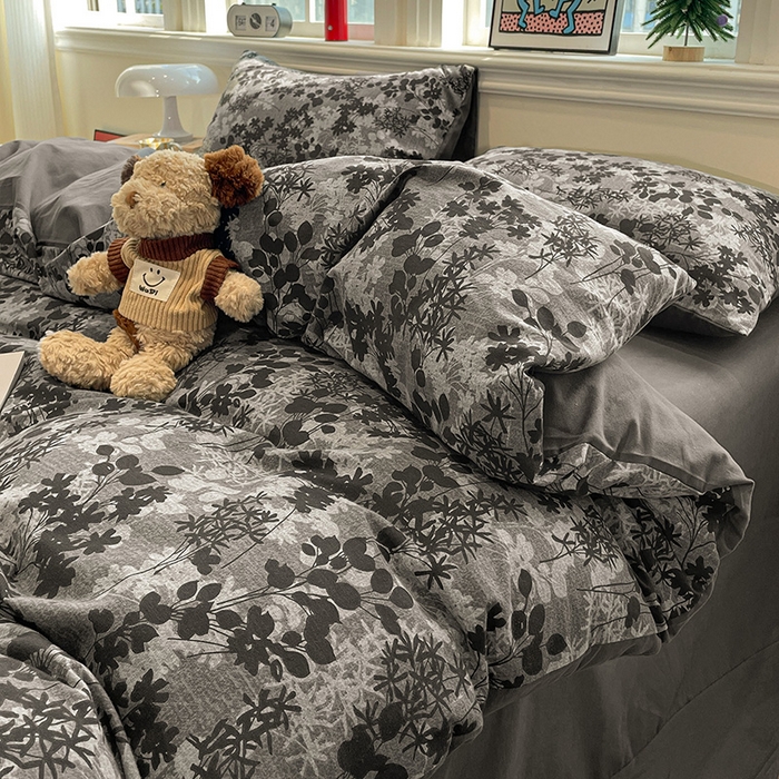 91家纺网 家纺一手货源 找家纺 忆生活 2025新款秋冬复古风全棉加厚磨毛四件套 漫枝-灰