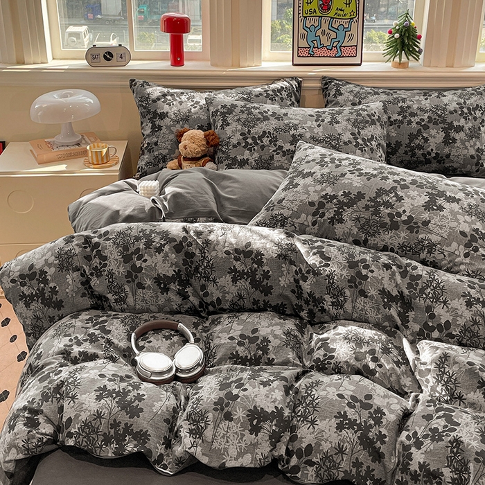 91家纺网 家纺一手货源 找家纺 忆生活 2025新款秋冬复古风全棉加厚磨毛四件套 漫枝-灰