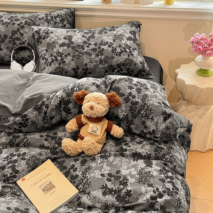 91家纺网 家纺一手货源 找家纺 忆生活 2025新款秋冬复古风全棉加厚磨毛四件套 漫枝-灰