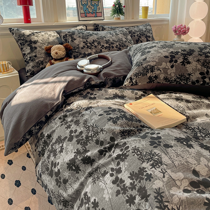 91家纺网 家纺一手货源 找家纺 忆生活 2025新款秋冬复古风全棉加厚磨毛四件套 漫枝-灰