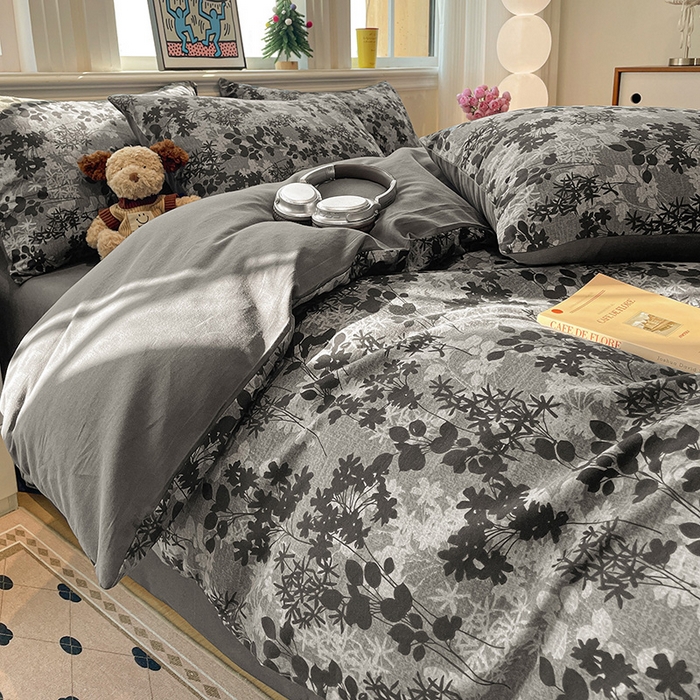 91家纺网 家纺一手货源 找家纺 忆生活 2025新款秋冬复古风全棉加厚磨毛四件套 漫枝-灰