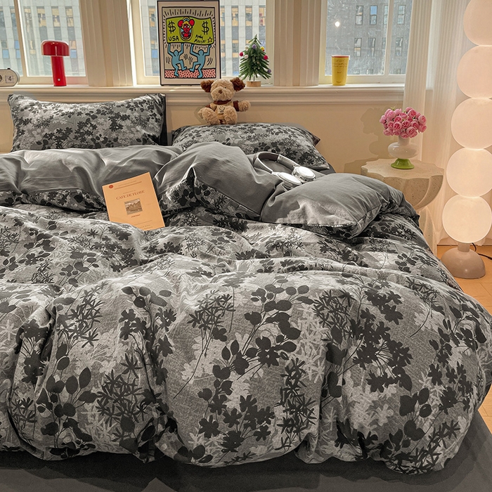 91家纺网 家纺一手货源 找家纺 忆生活 2025新款秋冬复古风全棉加厚磨毛四件套 漫枝-灰