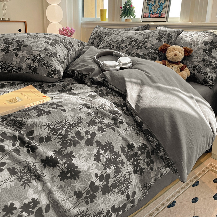 91家纺网 家纺一手货源 找家纺 忆生活 2025新款秋冬复古风全棉加厚磨毛四件套 漫枝-灰