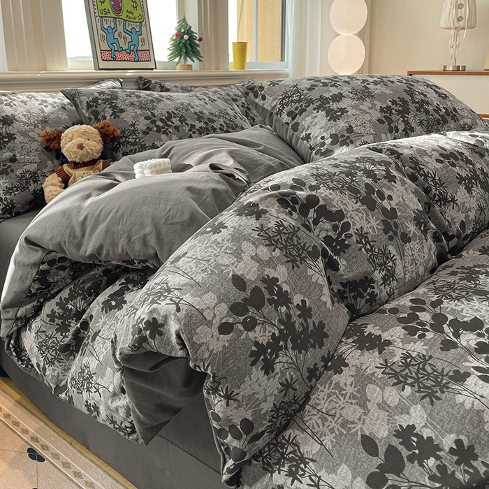 91家纺网 家纺一手货源 找家纺 忆生活 2025新款秋冬复古风全棉加厚磨毛四件套 漫枝-灰