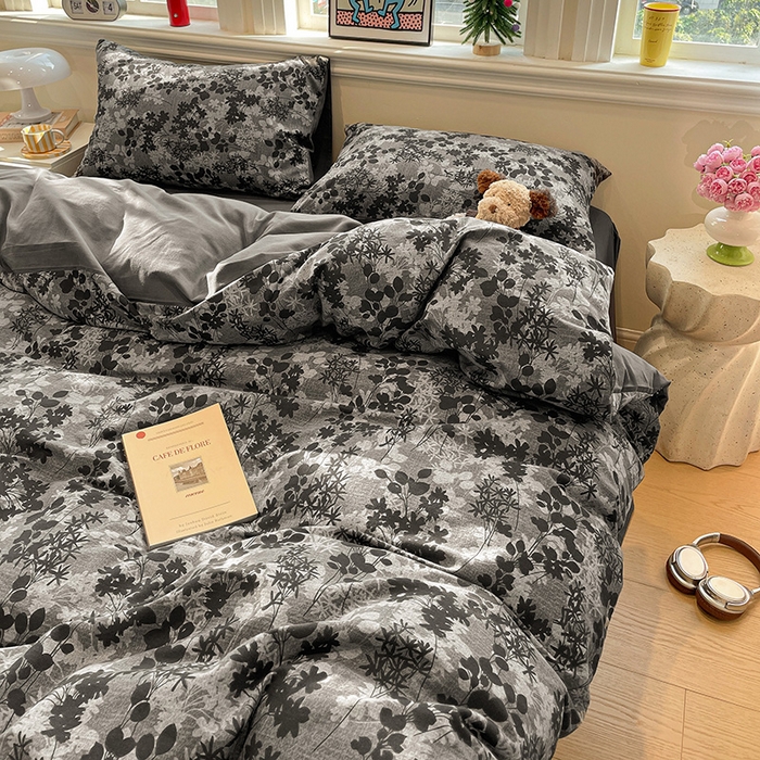91家纺网 家纺一手货源 找家纺 忆生活 2025新款秋冬复古风全棉加厚磨毛四件套 漫枝-灰