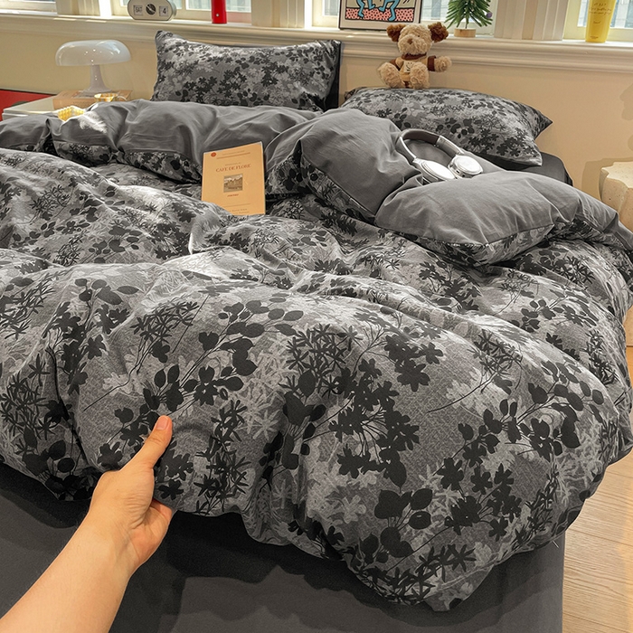 91家纺网 家纺一手货源 找家纺 忆生活 2025新款秋冬复古风全棉加厚磨毛四件套 漫枝-灰