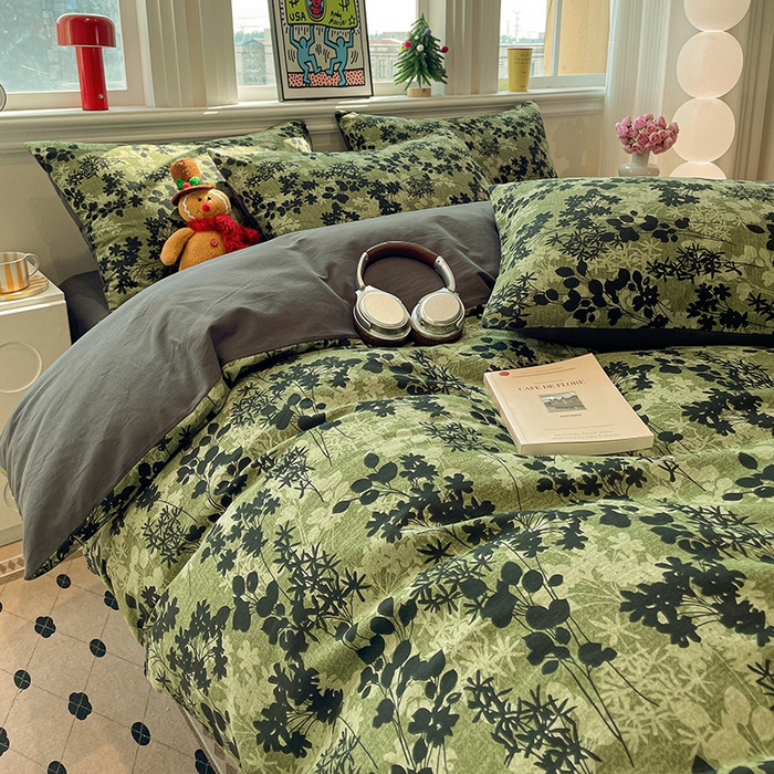 91家纺网 家纺一手货源 找家纺 忆生活 2025新款秋冬复古风全棉加厚磨毛四件套 漫枝-绿
