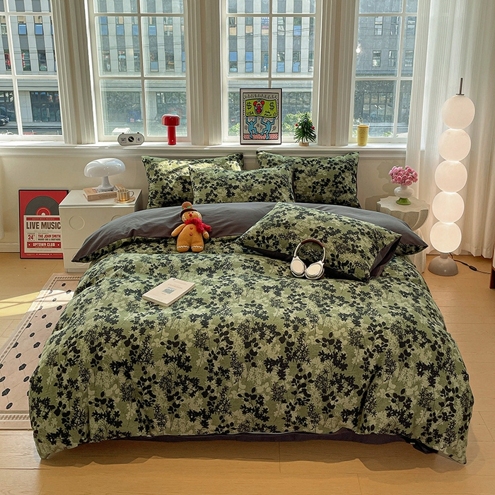 91家纺网 家纺一手货源 找家纺 忆生活 2025新款秋冬复古风全棉加厚磨毛四件套 漫枝-绿