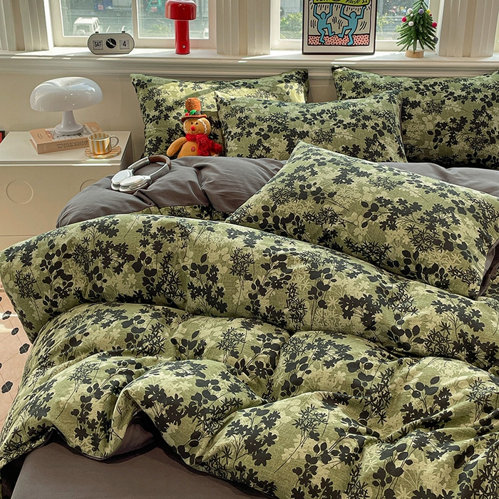 91家纺网 家纺一手货源 找家纺 忆生活 2025新款秋冬复古风全棉加厚磨毛四件套 漫枝-绿
