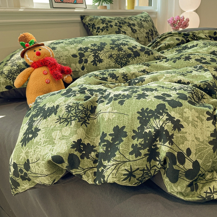 91家纺网 家纺一手货源 找家纺 忆生活 2025新款秋冬复古风全棉加厚磨毛四件套 漫枝-绿