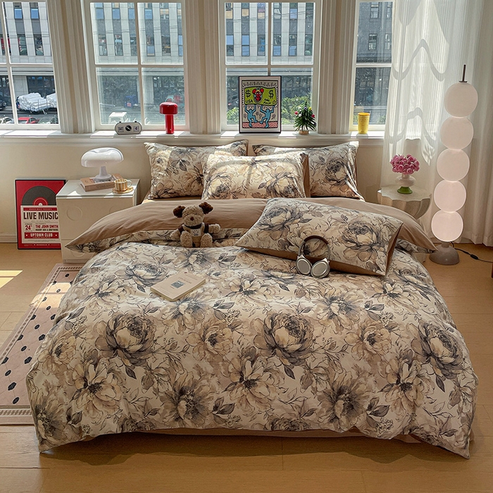 91家纺网 家纺一手货源 找家纺 忆生活 2025新款秋冬复古风全棉加厚磨毛四件套 芊墨