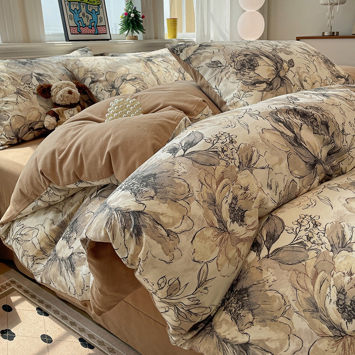 91家纺网 家纺一手货源 找家纺 忆生活 2025新款秋冬复古风全棉加厚磨毛四件套 芊墨