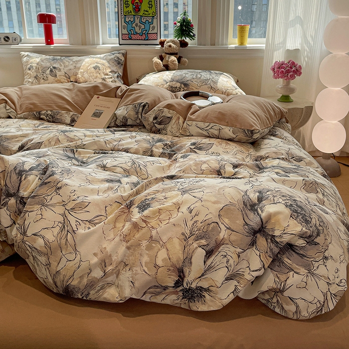 91家纺网 家纺一手货源 找家纺 忆生活 2025新款秋冬复古风全棉加厚磨毛四件套 芊墨