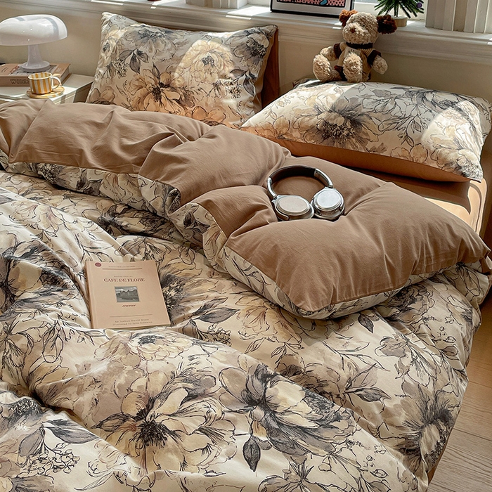 91家纺网 家纺一手货源 找家纺 忆生活 2025新款秋冬复古风全棉加厚磨毛四件套 芊墨