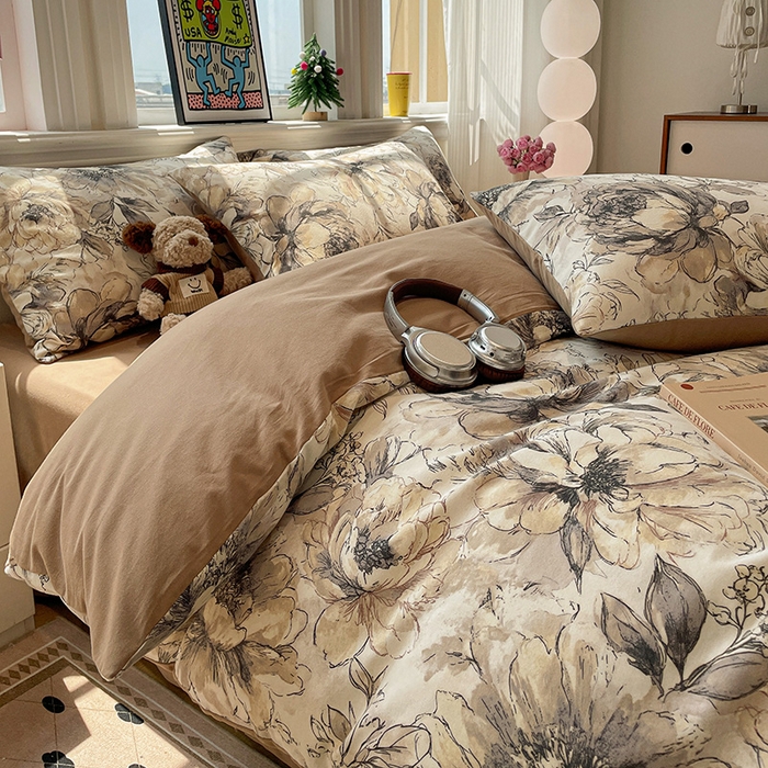 91家纺网 家纺一手货源 找家纺 忆生活 2025新款秋冬复古风全棉加厚磨毛四件套 芊墨