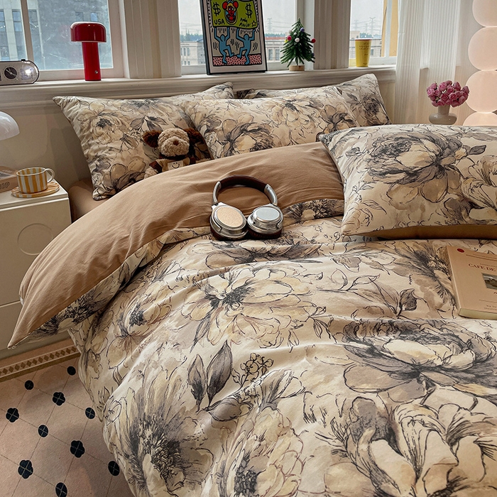 91家纺网 家纺一手货源 找家纺 忆生活 2025新款秋冬复古风全棉加厚磨毛四件套 芊墨