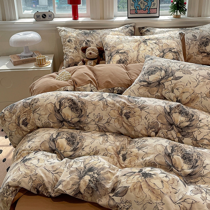 91家纺网 家纺一手货源 找家纺 忆生活 2025新款秋冬复古风全棉加厚磨毛四件套 芊墨