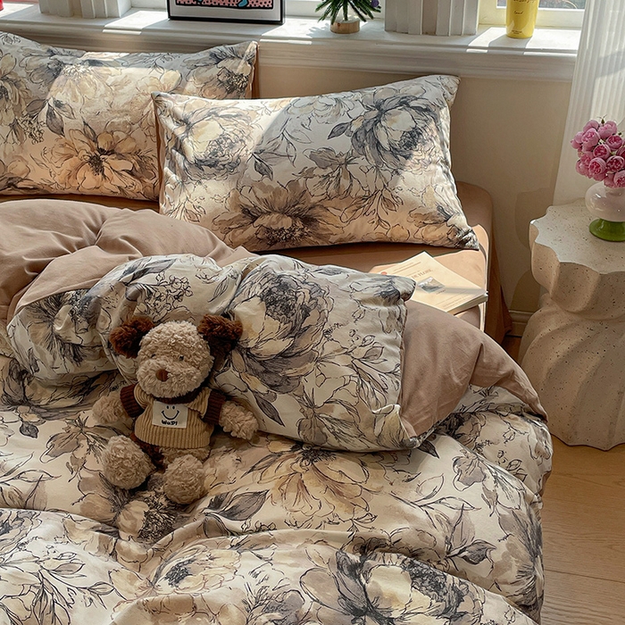 91家纺网 家纺一手货源 找家纺 忆生活 2025新款秋冬复古风全棉加厚磨毛四件套 芊墨