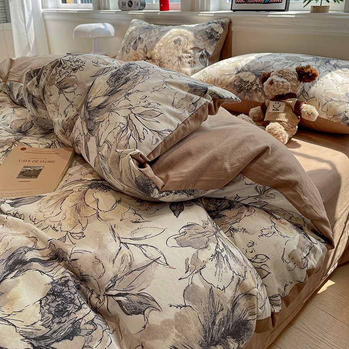 91家纺网 家纺一手货源 找家纺 忆生活 2025新款秋冬复古风全棉加厚磨毛四件套 芊墨