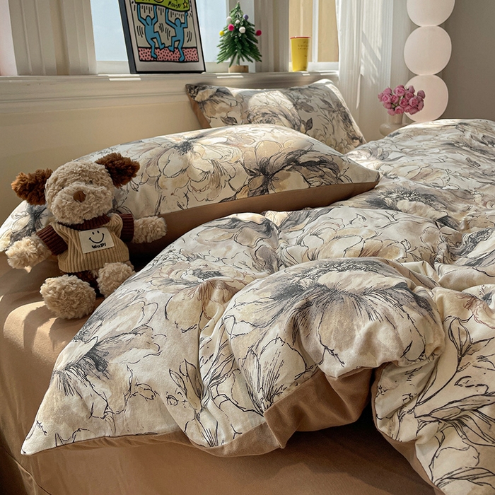 91家纺网 家纺一手货源 找家纺 忆生活 2025新款秋冬复古风全棉加厚磨毛四件套 芊墨