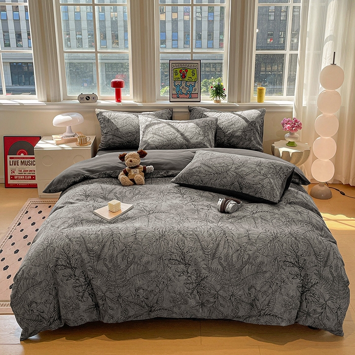 91家纺网 家纺一手货源 找家纺 忆生活 2025新款秋冬复古风全棉加厚磨毛四件套 叶语