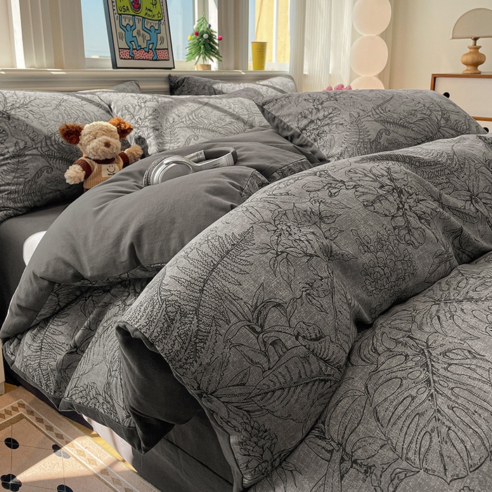 91家纺网 家纺一手货源 找家纺 忆生活 2025新款秋冬复古风全棉加厚磨毛四件套 叶语