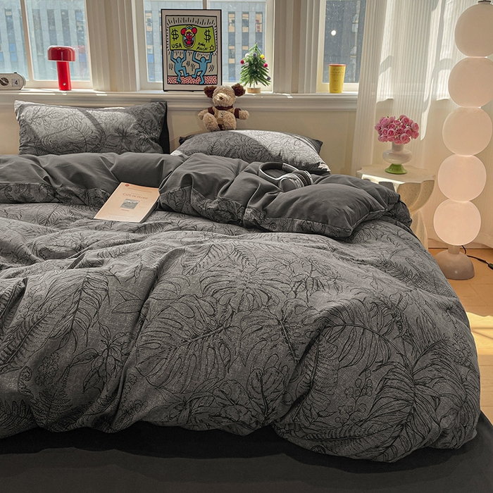 91家纺网 家纺一手货源 找家纺 忆生活 2025新款秋冬复古风全棉加厚磨毛四件套 叶语