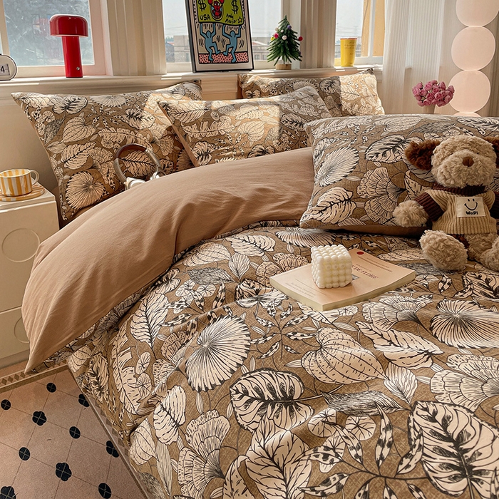 91家纺网 家纺一手货源 找家纺 忆生活 2025新款秋冬复古风全棉加厚磨毛四件套 夜雨-咖