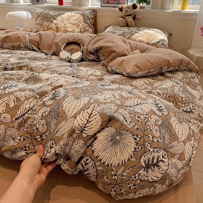 91家纺网 家纺一手货源 找家纺 忆生活 2025新款秋冬复古风全棉加厚磨毛四件套 夜雨-咖