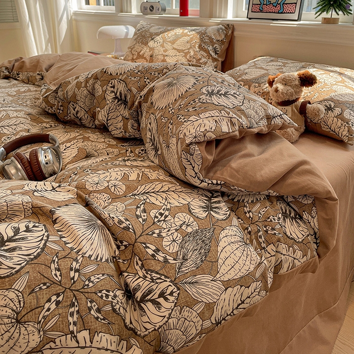 91家纺网 家纺一手货源 找家纺 忆生活 2025新款秋冬复古风全棉加厚磨毛四件套 夜雨-咖