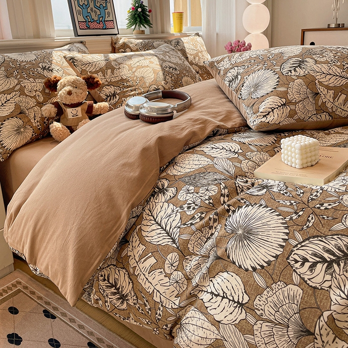 91家纺网 家纺一手货源 找家纺 忆生活 2025新款秋冬复古风全棉加厚磨毛四件套 夜雨-咖