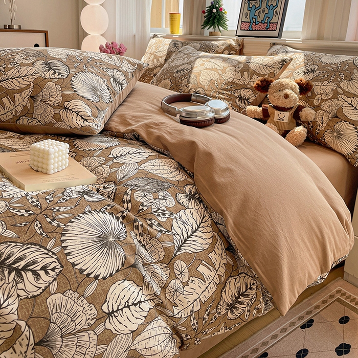 91家纺网 家纺一手货源 找家纺 忆生活 2025新款秋冬复古风全棉加厚磨毛四件套 夜雨-咖