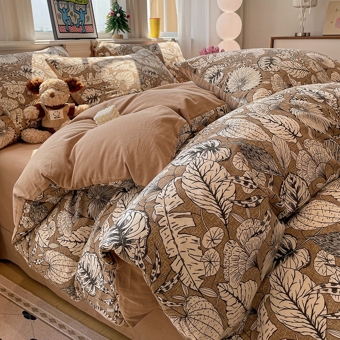 91家纺网 家纺一手货源 找家纺 忆生活 2025新款秋冬复古风全棉加厚磨毛四件套 夜雨-咖