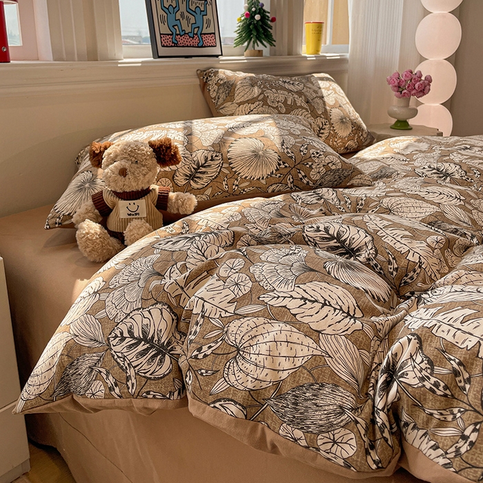 91家纺网 家纺一手货源 找家纺 忆生活 2025新款秋冬复古风全棉加厚磨毛四件套 夜雨-咖