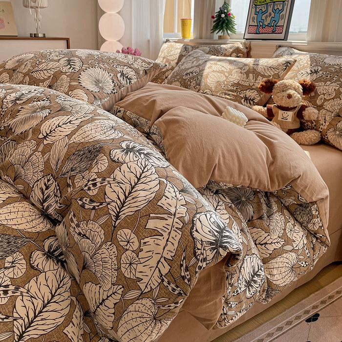 忆生活 2025新款秋冬复古风全棉加厚磨毛四件套 夜雨-咖