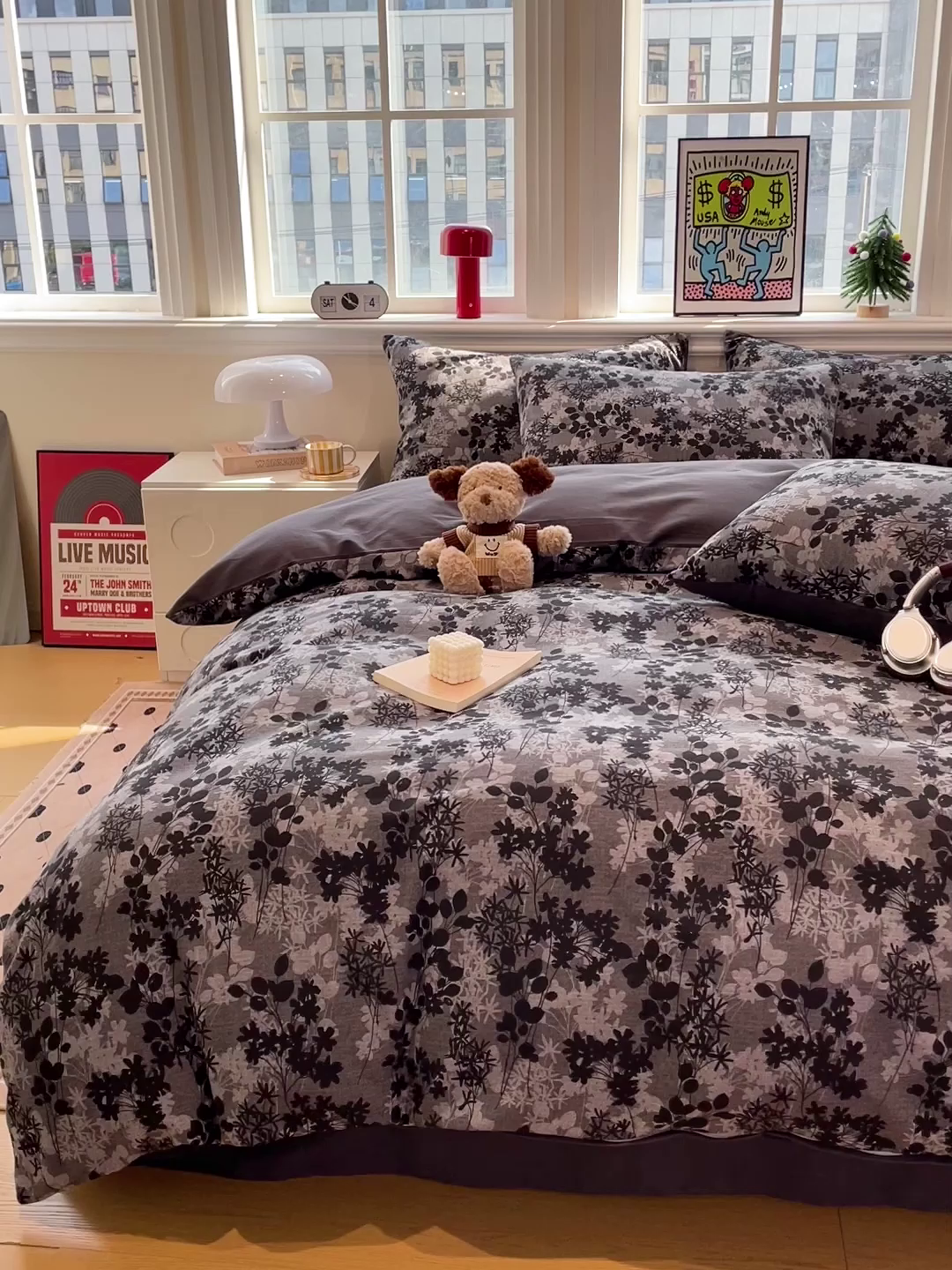 91家纺网 家纺一手货源 找家纺 忆生活 2025新款秋冬复古风全棉加厚磨毛四件套 漫枝-灰