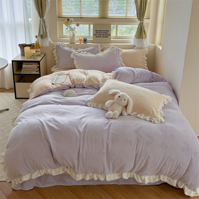 潘朵拉家纺 2025高克重雕花绒樱桃琥珀系列牛奶绒四件套 樱桃琥珀紫