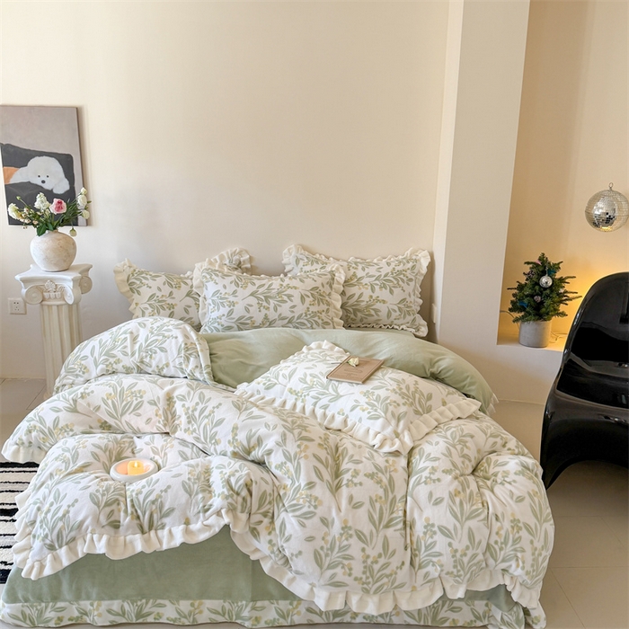 潘朵拉家纺 2025立体着色雕花系列牛奶绒四件套 叶韵-绿