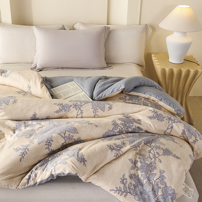 91家纺网 家纺一手货源 找家纺 富阿娜家纺 2025新款高端提花水洗亚麻原棉被子 蓝色妖姬