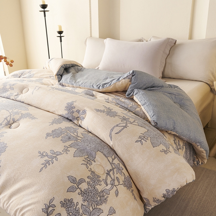 91家纺网 家纺一手货源 找家纺 富阿娜家纺 2025新款高端提花水洗亚麻原棉被子 蓝色妖姬