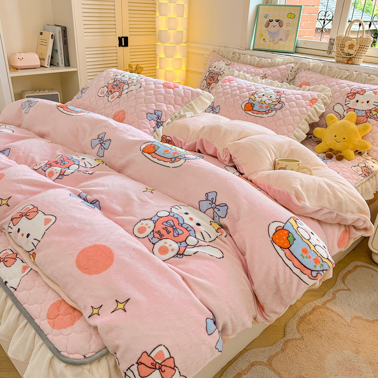 91家纺网 家纺一手货源 找家纺 （总）康纳利 2024新款A类抗菌加厚牛奶绒夹棉花边款床笠看搭配同款四件套提供买家秀