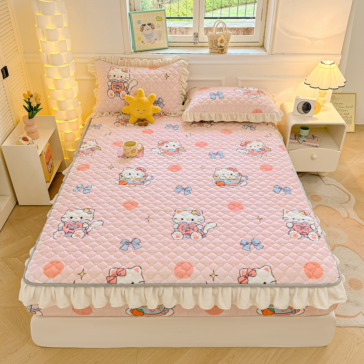 91家纺网 家纺一手货源 找家纺 （总）康纳利 2024新款A类抗菌加厚牛奶绒夹棉花边款床笠看搭配同款四件套提供买家秀