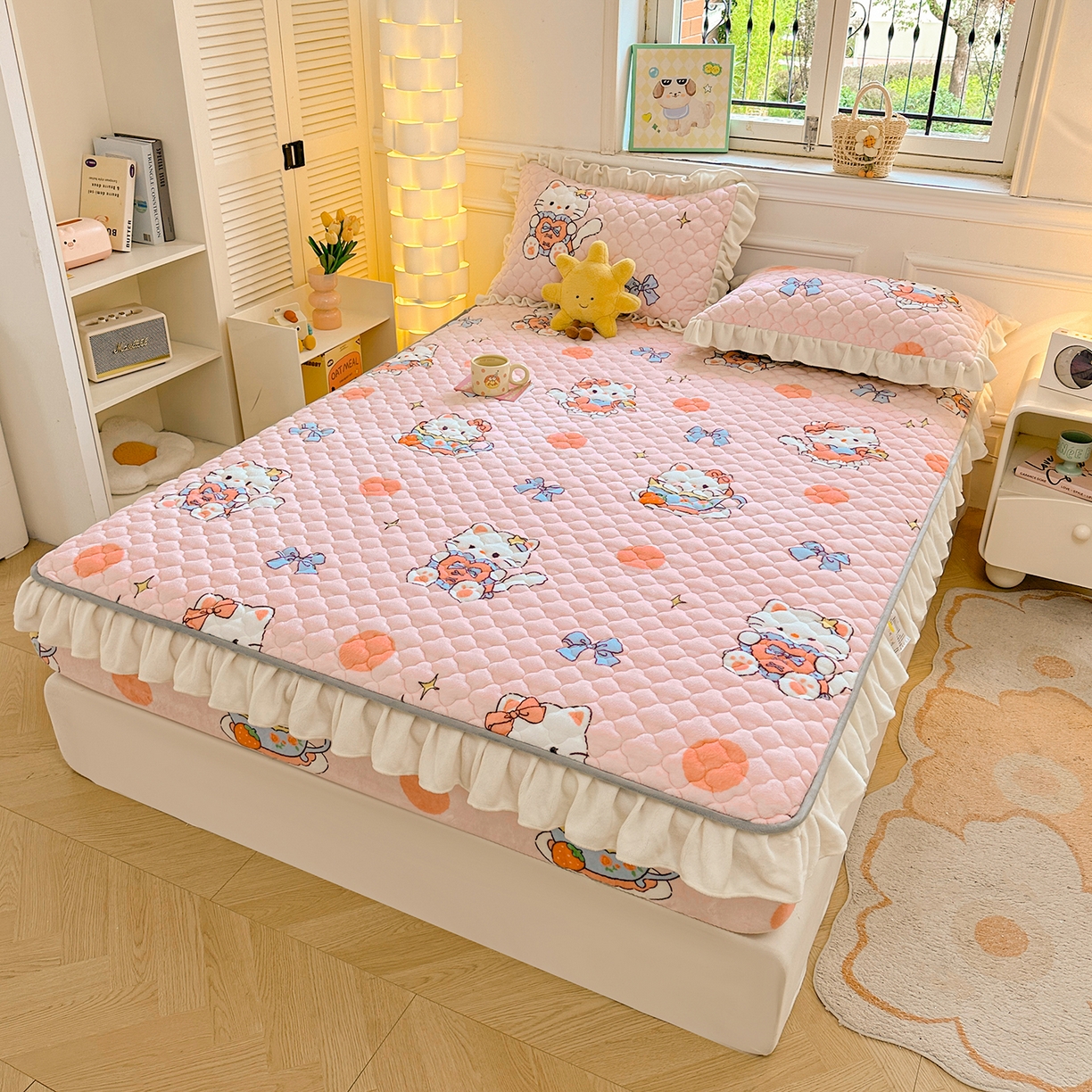 91家纺网 家纺一手货源 找家纺 （总）康纳利 2024新款A类抗菌加厚牛奶绒夹棉花边款床笠看搭配同款四件套提供买家秀