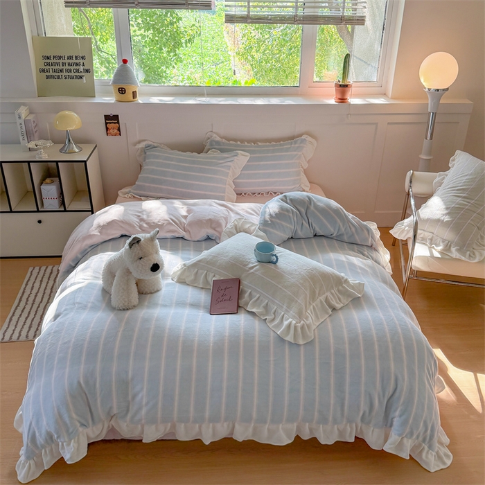 潘朵拉家纺 2025条纹花边牛奶绒四件套 条纹曲-蓝粉