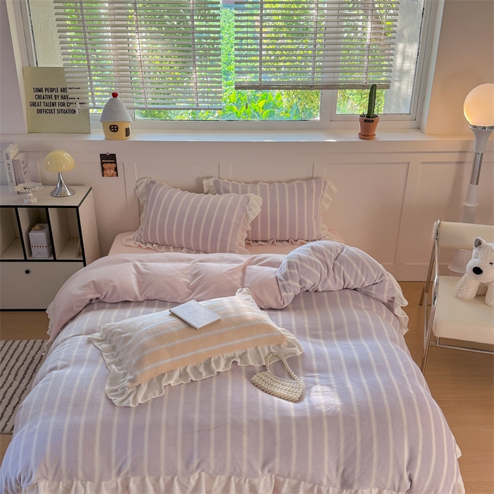 潘朵拉家纺 2025条纹花边牛奶绒四件套 条纹曲-紫粉