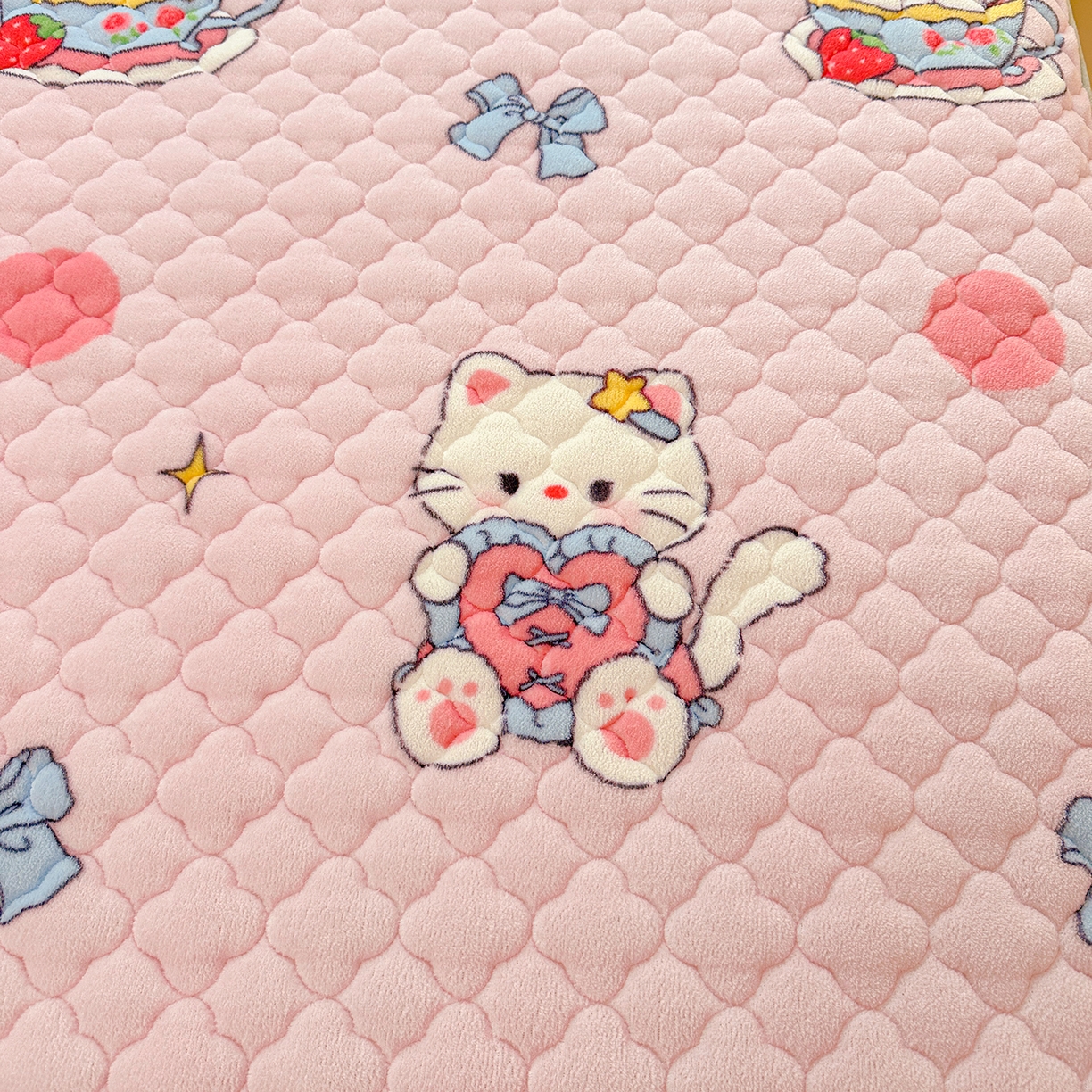 91家纺网 家纺一手货源 找家纺 康纳利 2024新款A类抗菌加厚牛奶绒印花夹棉包边床笠可搭配同款四件套提供买家秀 甜心猫咪